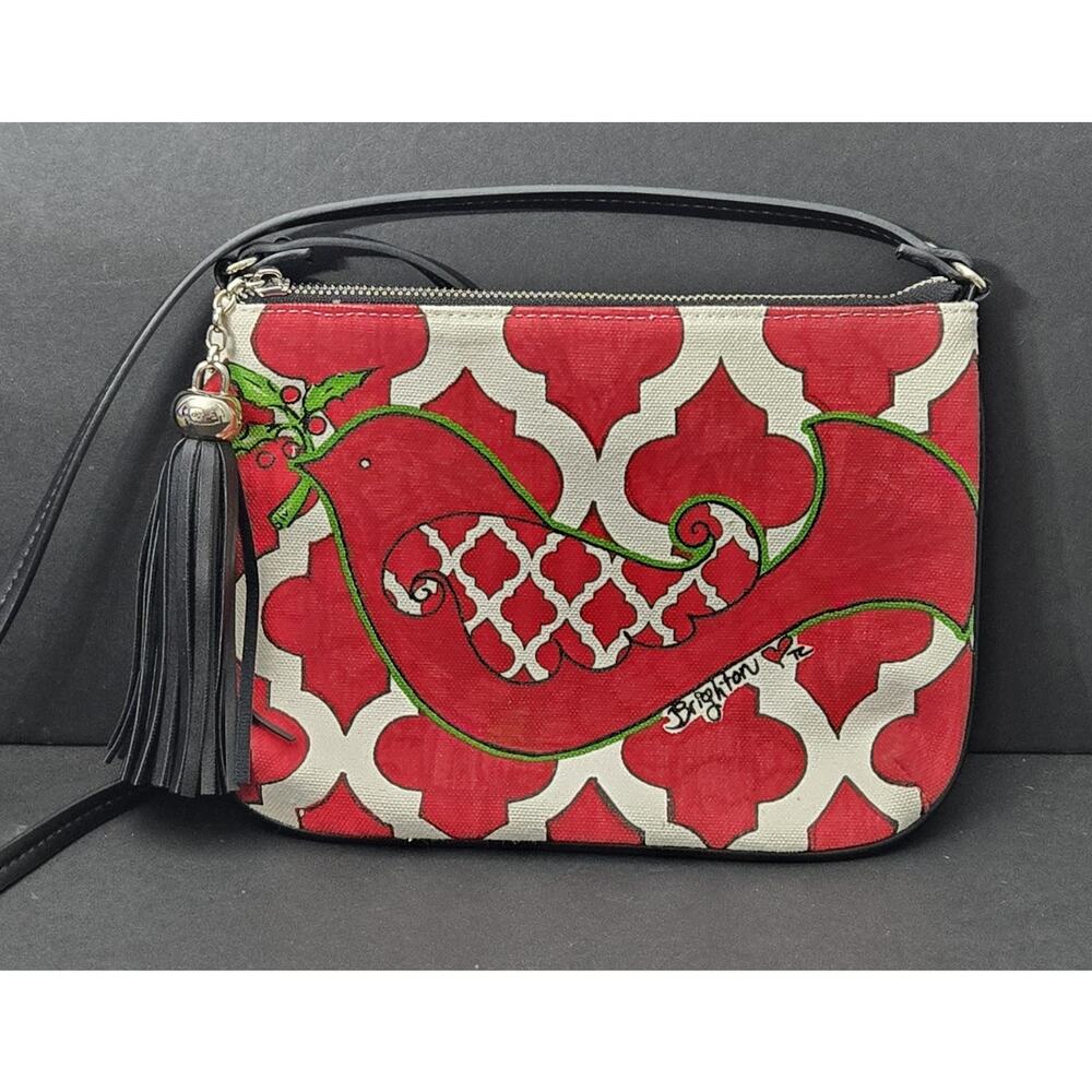 Brighton “Love Dove” Crossbody Pouch Merry & Bright Art Red Black Zip‎ Tassel